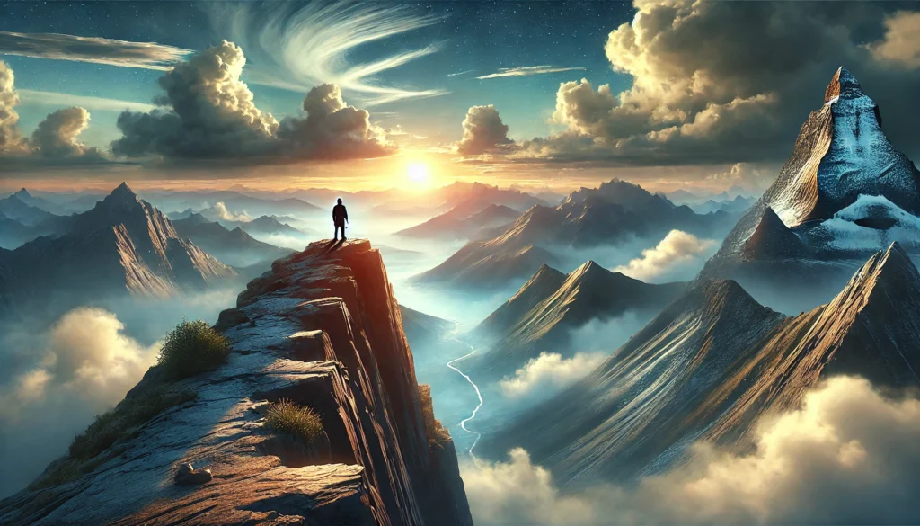 A person standing at a cliff's edge, symbolizing ambitious future aspirations and determination