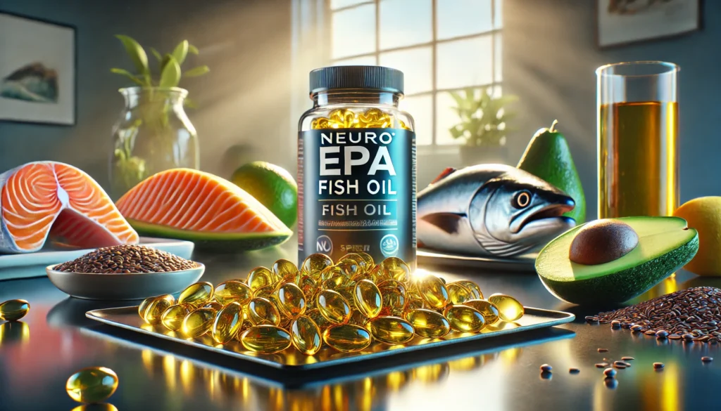 A serene setting showcasing Neuro EPA fish oil capsules in a small dish on a rustic wooden table, surrounded by herbs, lemon slices, and a whole mackerel fish under natural sunlight