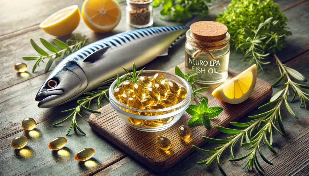 A vibrant arrangement of Neuro EPA fish oil capsules on a sleek glass surface, with blurred fresh fish, avocado slices, and flaxseeds in the background emphasizing omega-3 sources