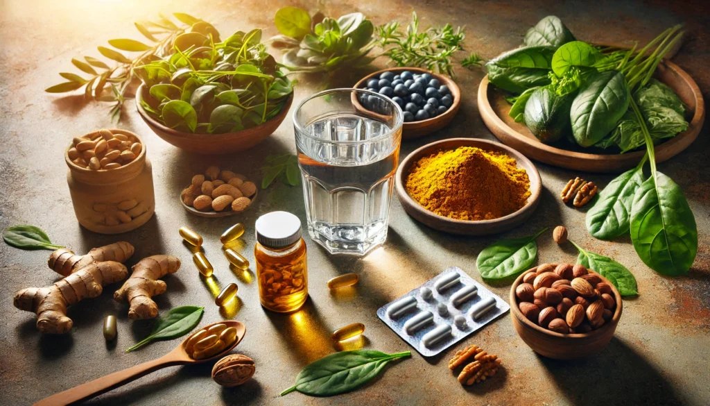 A rustic arrangement of natural supplements for the nervous system, featuring a glass of water with omega-3 capsules, turmeric roots, leafy greens, nuts, and magnesium supplements on a stone table with soft sunlight