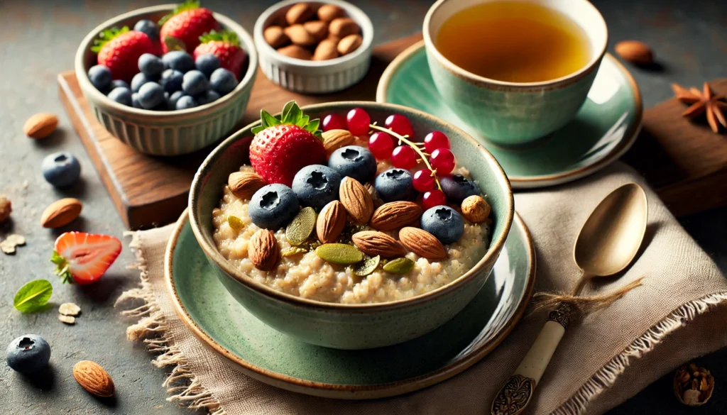 A nutritious breakfast setup featuring a bowl of oatmeal topped with nuts and fresh berries, along with a cup of green tea. The warm and balanced meal represents an ideal dietary choice for dementia caregivers supporting brain health.