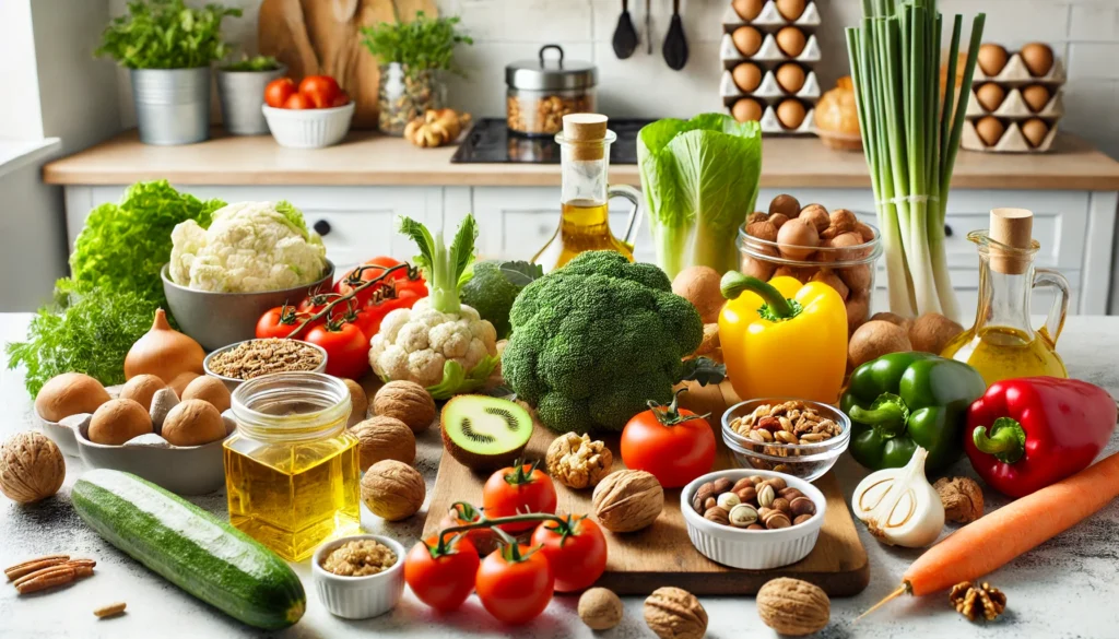A kitchen counter with a selection of fresh vegetables, nuts, and healthy oils, arranged as part of a meal preparation for dementia-friendly nutrition. The fresh ingredients symbolize the importance of whole foods in supporting cognitive health.