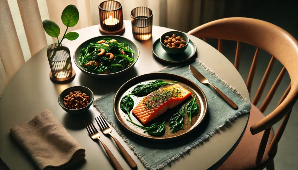 Elegant dinner featuring grilled salmon, sautéed leafy greens, and a bowl of nuts, designed to boost memory in a cozy dining setting