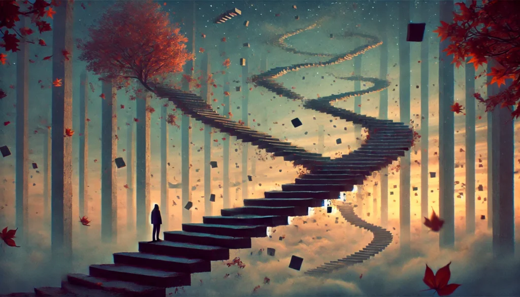 A dreamlike, floating staircase with disappearing steps as a person tries to climb. Twilight hues and drifting memory fragments in the sky create a serene yet melancholic atmosphere, representing the struggle of forgetfulness.