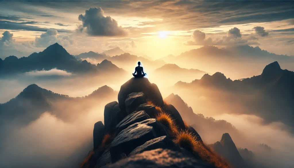 A misty mountain peak with a solitary figure meditating on a rock ledge, symbolizing inner peace and the practice of letting go. The environment is tranquil, with soft clouds drifting below and a golden sunrise casting a warm glow over the scene
