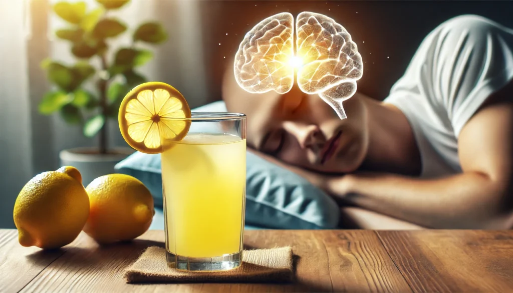 fresh lemon juice on a wooden table, with a serene background. In the background, a person is peacefully sleeping,