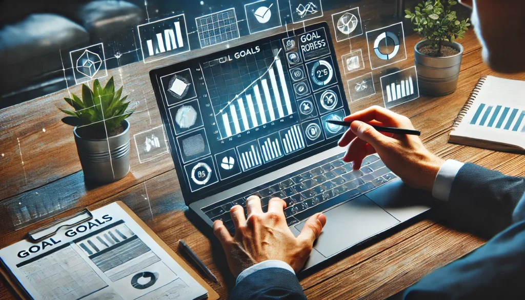 An inspiring image of a person setting goals on a digital planner with charts and progress indicators displayed on a laptop screen, highlighting organization, tracking progress, and goal achievement in a modern workspace
