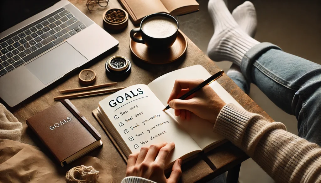 A calm and focused workspace scene featuring a person writing down their goals in a journal with a cup of coffee nearby, emphasizing planning, goal setting, and personal development