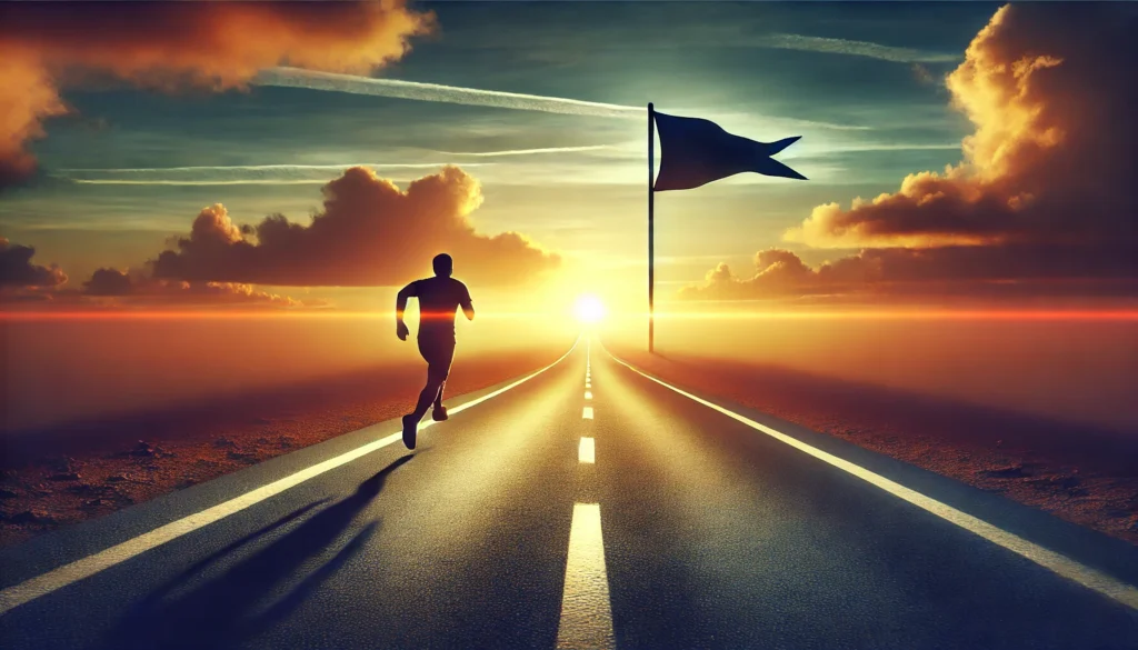 A symbolic image of a person running on an open road towards a distant goal marked by a flag, representing persistence, determination, and long-term goal achievement, set against a beautiful sunset for added inspiration