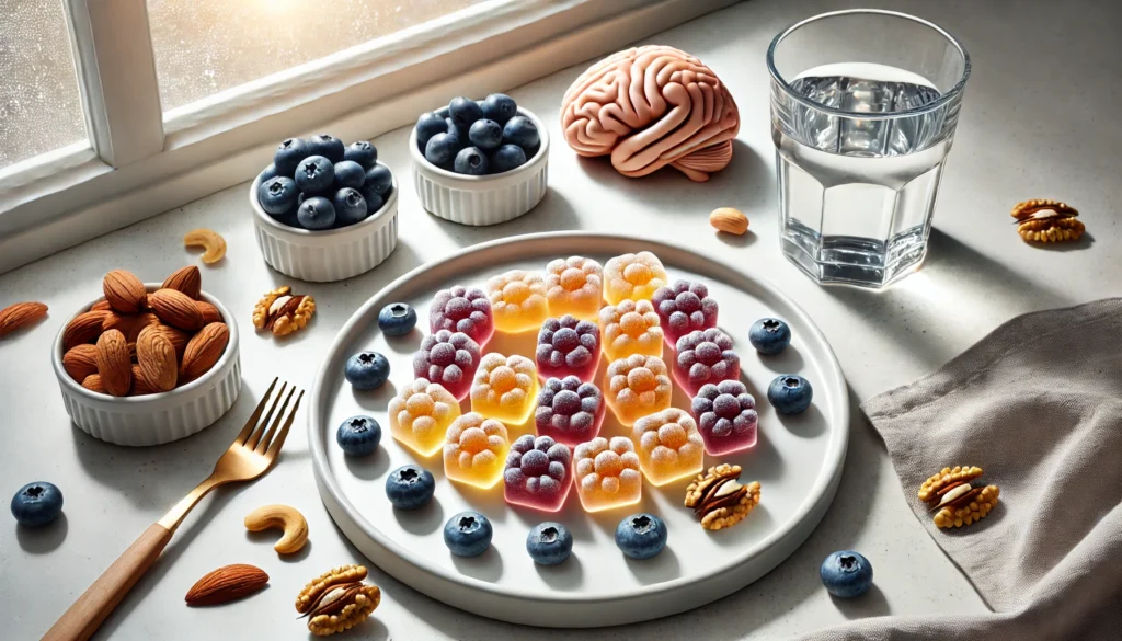An artistic display of brain health gummies on a white plate surrounded by fresh blueberries and nuts, set on a clean kitchen counter with natural light, emphasizing gummies for brain.