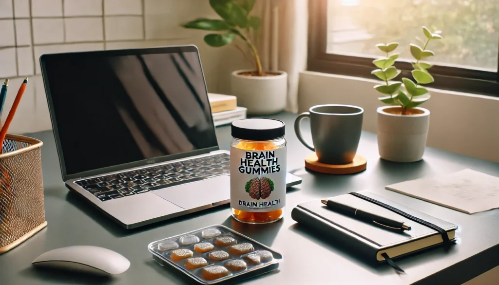 A professional workspace setup featuring a container of brain health gummies next to a laptop and notebook, with a desk plant and a coffee mug under soft natural light, highlighting gummies for brain.