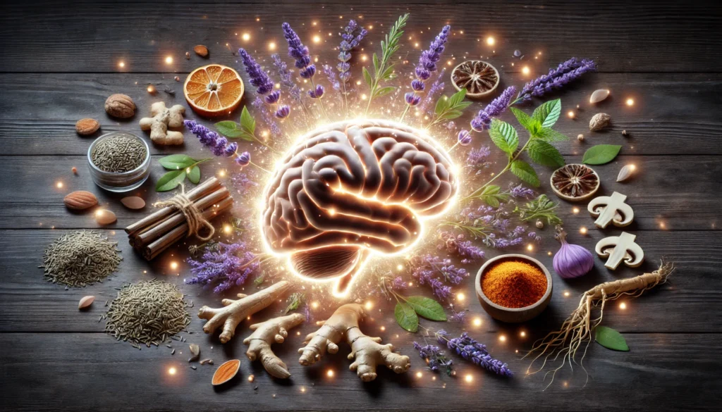 An artistic representation of a brain infused with herbal healing energy, surrounded by natural elements like lavender, ginseng, and turmeric. The soft glowing herbs symbolize natural methods for brain recovery and cognitive rejuvenation.