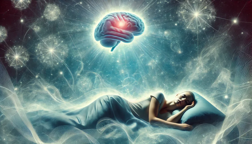 A rejuvenating sleep scene with a person resting peacefully, surrounded by a soft glow of energy. The dreamlike atmosphere symbolizes the role of deep sleep in brain healing, memory consolidation, and neurological recovery.