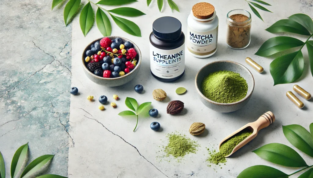 A flat lay of various natural energy boosters, including guarana berries, matcha powder in a small bowl, and a bottle of L-theanine supplements, arranged on a marble surface with a bright and minimalist background, symbolizing health and focus.