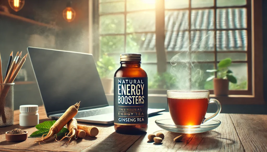 A serene workspace featuring a bottle of natural energy boosters, a steaming cup of herbal tea, ginseng roots, and a laptop on a wooden desk, with soft sunlight filtering through a nearby window, symbolizing productivity and natural stimulants.