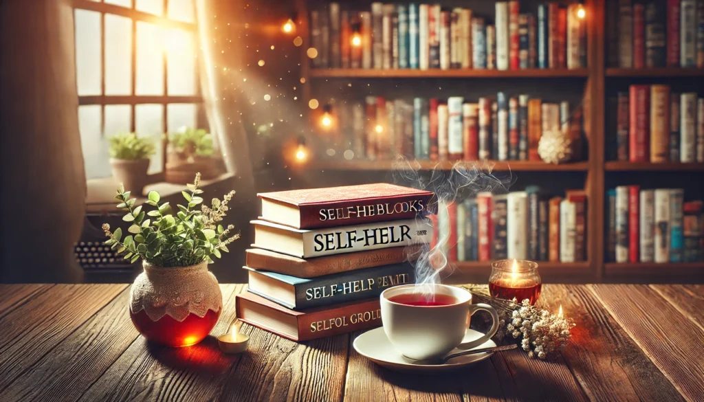 A cozy reading nook with a stack of self-help books, a steaming cup of tea, and soft lighting, symbolizing personal growth and self-improvement. The background features a bookshelf filled with inspiring titles, creating a warm and inviting atmosphere