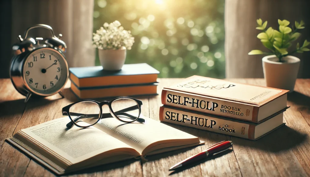 An open self-help book on a wooden table next to a pair of reading glasses and a notebook, symbolizing learning and self-improvement. The background features soft natural light coming through a window, creating a peaceful and inspiring ambiance