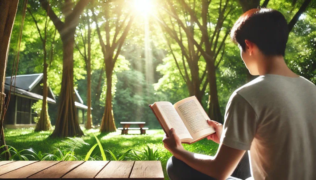A person sitting outdoors in a serene park, reading a self-help book with a peaceful expression, symbolizing self-discovery and personal growth. The background features lush green trees and sunlight filtering through the leaves, creating a calming and reflective atmosphere