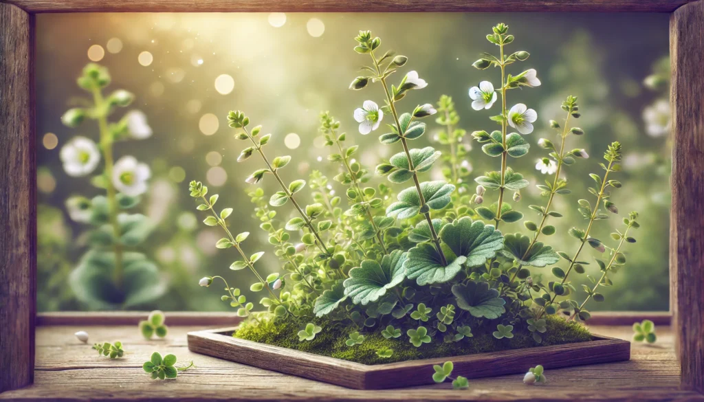 Bacopa Monnieri plants with small green leaves and delicate white flowers, illuminated by soft sunlight in a serene garden background