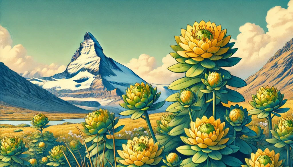 Rhodiola Rosea plants with vibrant yellow flowers and green rosettes in an Arctic habitat, with snowy mountains and a clear blue sky in the background