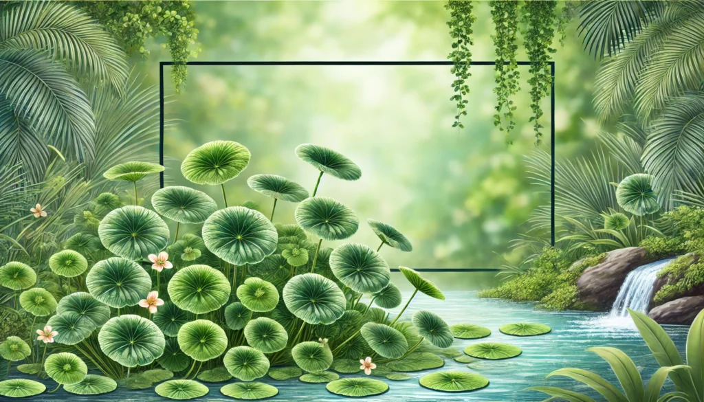 Gotu Kola plants with round, green leaves in a lush tropical environment, accompanied by a soft focus of greenery and a flowing stream in the background