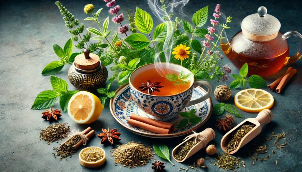A beautifully arranged herbal tea set with ingredients like ginseng, tulsi, and lemon balm, known for clearing brain fog. The steam rising from the tea symbolizes enhanced mental clarity and focus.