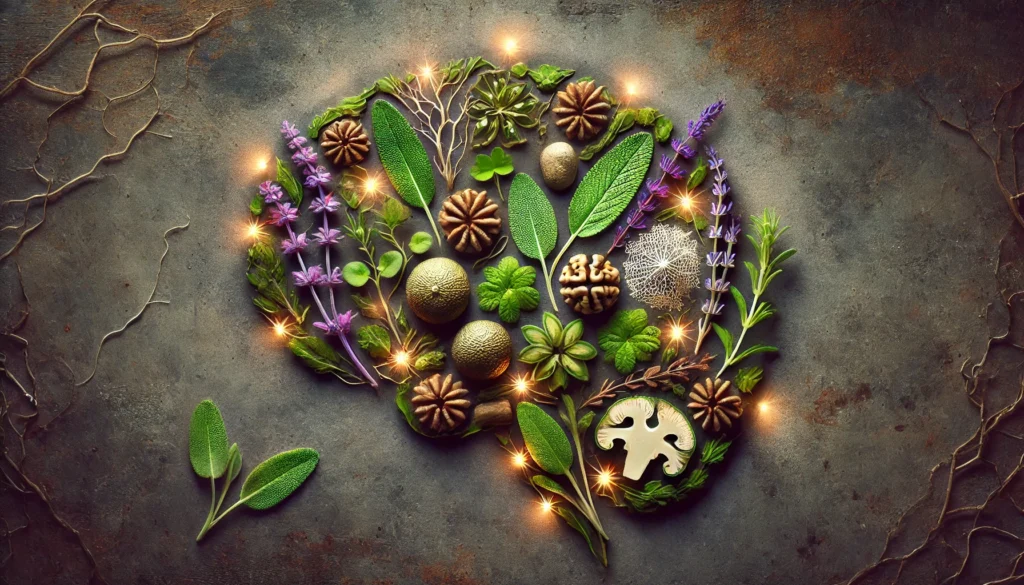 An artistic composition of brain-fog-clearing herbs such as bacopa monnieri, gotu kola, and sage, displayed on a rustic stone surface. The herbs glow subtly, symbolizing their cognitive-enhancing properties.