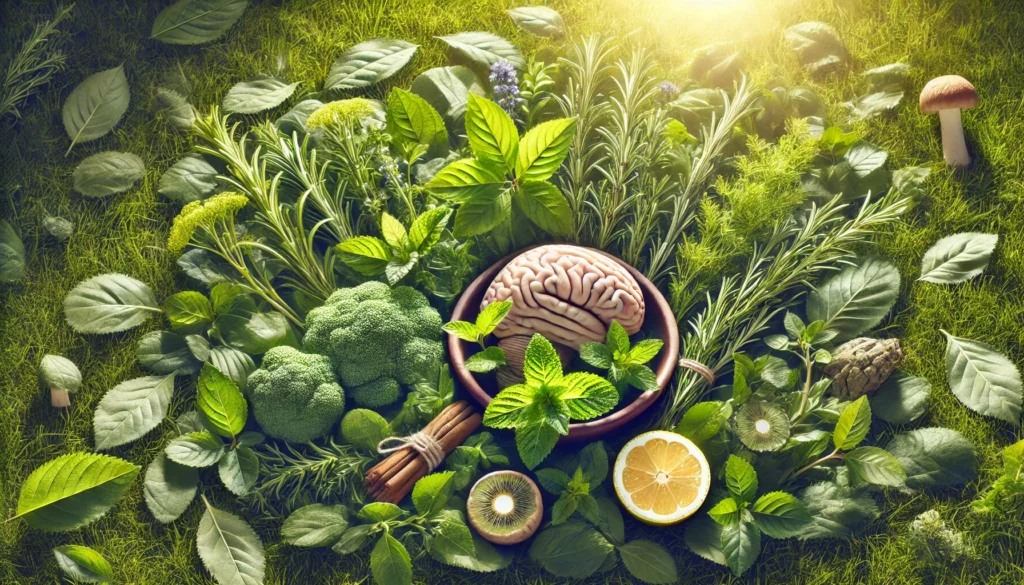 A lush green garden filled with fresh herbs known for clearing brain fog, including ginseng, rosemary, and lemon balm. The sun casts a warm glow over the greenery, symbolizing mental refreshment and cognitive clarity.