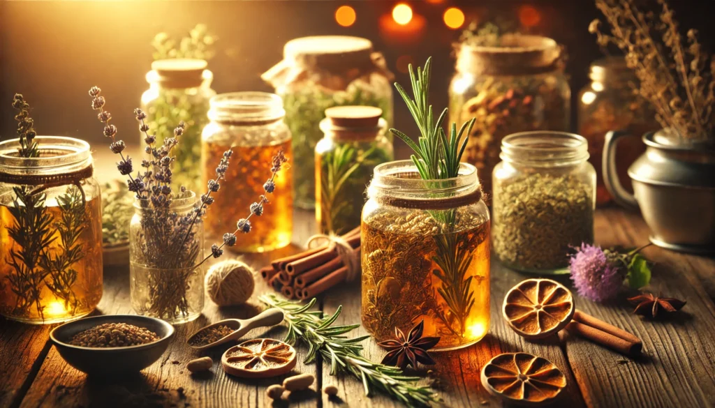 A relaxing herbal infusion scene with dried focus-enhancing herbs like ginseng, rosemary, and lemon balm steeping in glass jars. The warm golden light emphasizes the natural potency of the herbs.