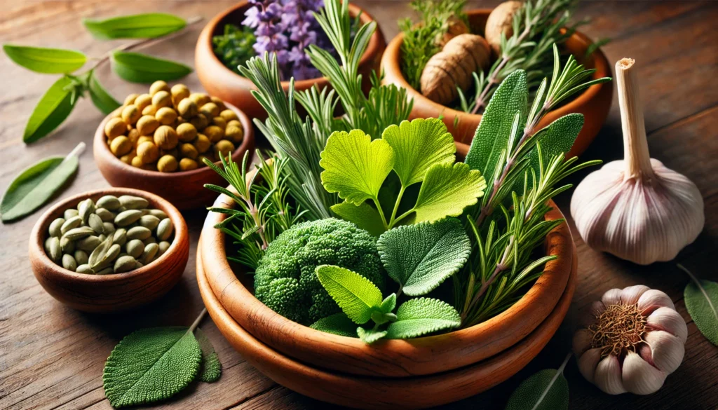 A close-up view of freshly harvested focus-enhancing herbs, including ginkgo biloba, sage, and rosemary, placed in wooden bowls. The natural lighting highlights their vibrant textures and rich green colors.