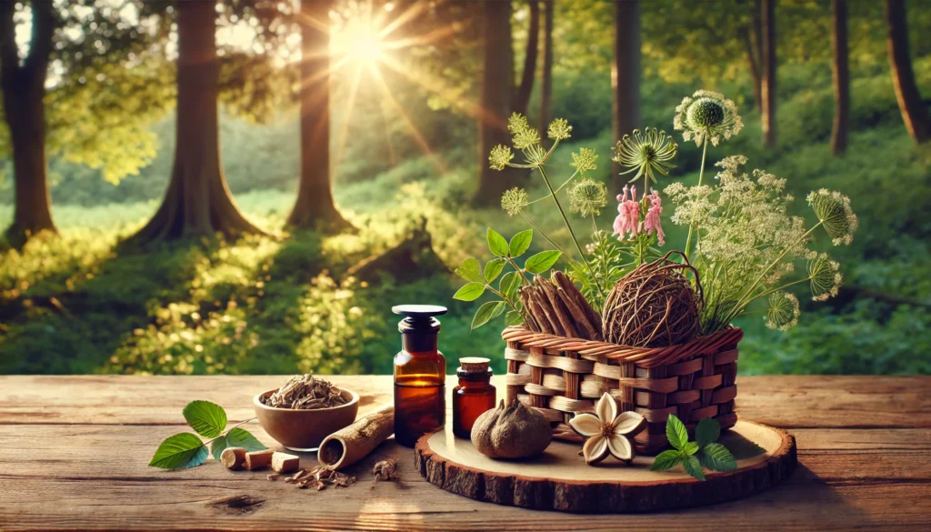 A close-up view of fresh herbs such as ashwagandha, holy basil, and passionflower arranged on a rustic wooden table, emphasizing traditional herbal remedies that calm the nerves.