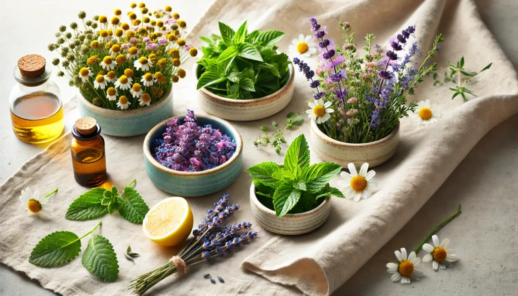 A vibrant collection of herbs including chamomile, lavender, and lemon balm displayed in ceramic bowls on a linen cloth, reflecting the soothing power of herbs that calm the nerves.