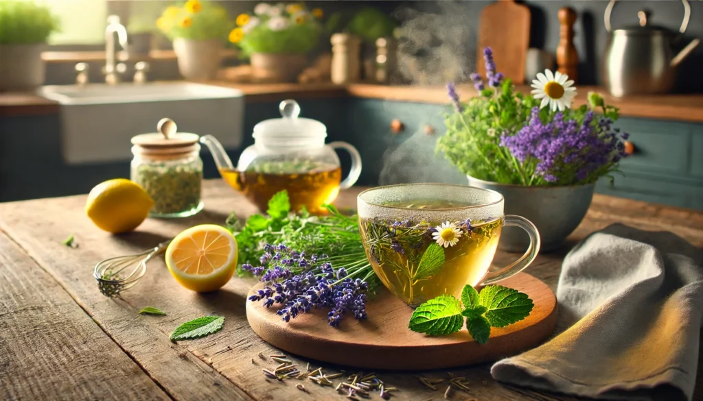 A cozy kitchen scene with a steaming cup of herbal tea made from chamomile, lavender, and lemon balm, surrounded by fresh herbs on a wooden counter, highlighting the calming effects of herbs that calm the nerves.