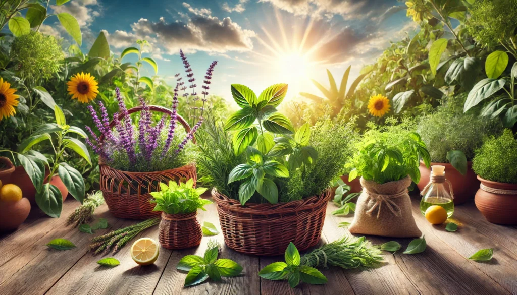 A scenic outdoor herbal garden featuring freshly harvested herbs like holy basil, ashwagandha, and lemon balm in wicker baskets, surrounded by vibrant greenery under a sunny sky, representing the natural benefits of herbs that calm the nerves.
