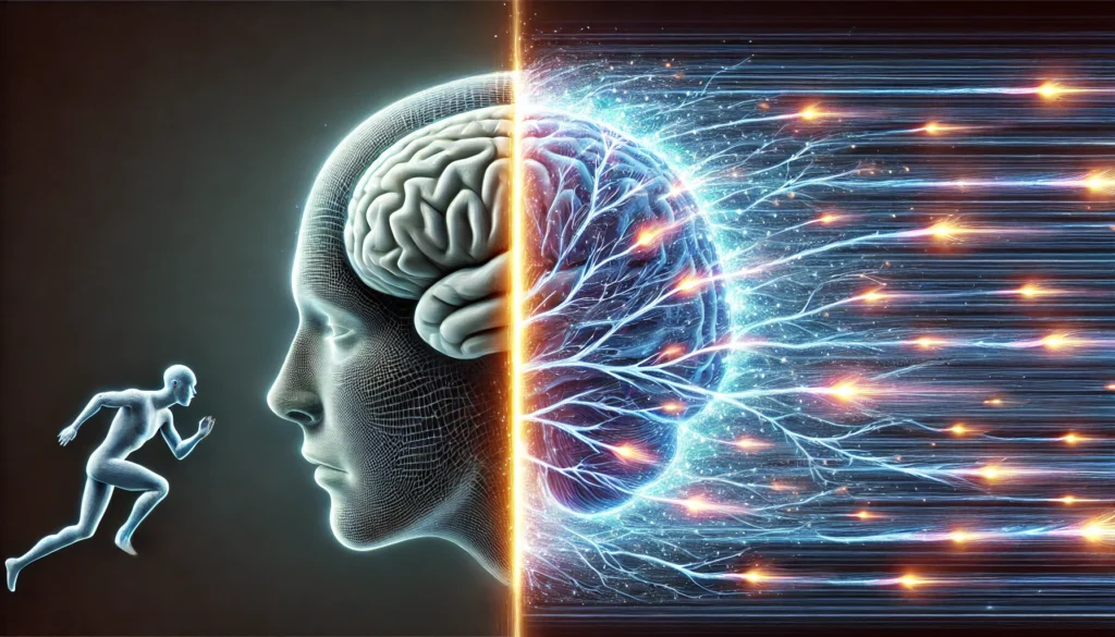 A surreal visualization of a human brain split into two halves—one appearing slow and dim, the other highly active and bright—representing myths and facts about brain processing speed.