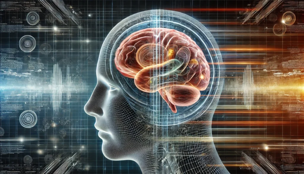 A conceptual image of a human head with multiple layers of transparent brains stacked inside, each representing different speeds of cognitive processing. The futuristic background features a high-tech grid with flowing data.