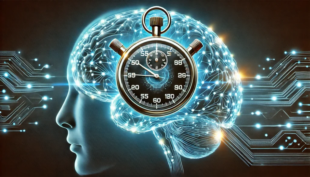 A symbolic image of a stopwatch integrated into a human brain, representing the measurement of cognitive processing speed. Glowing clock hands and neural circuits illustrate the concept of speed and accuracy in brain function.