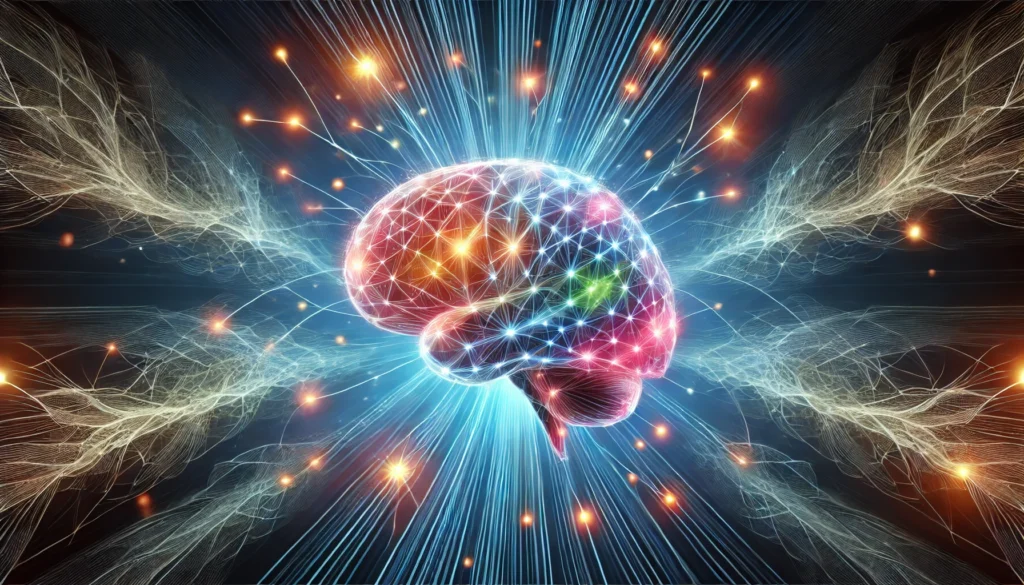 A conceptual image of a brain surrounded by a network of glowing neural pathways, symbolizing cognitive growth and daily mental training. The vibrant energy lines represent enhanced memory, problem-solving, and learning ability.
