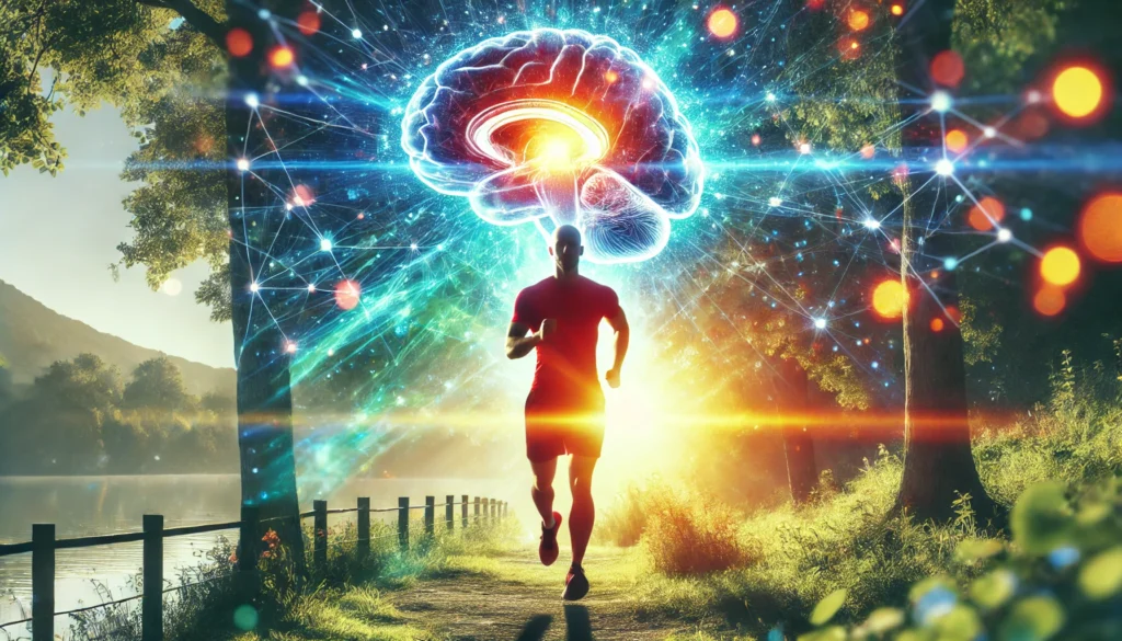 A dynamic and vibrant scene of a person exercising in nature, with a glowing aura symbolizing the connection between physical activity and mental power. The bright atmosphere represents daily strategies for enhancing cognitive function.