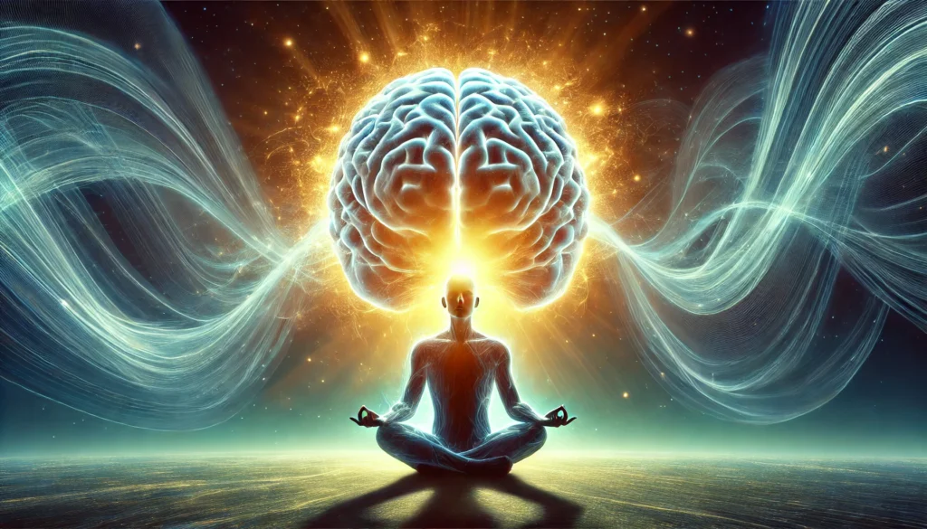 A surreal depiction of a person meditating in a serene environment, with glowing energy waves surrounding their brain. The image represents mindfulness and relaxation as effective strategies to enhance brain function and mental clarity.