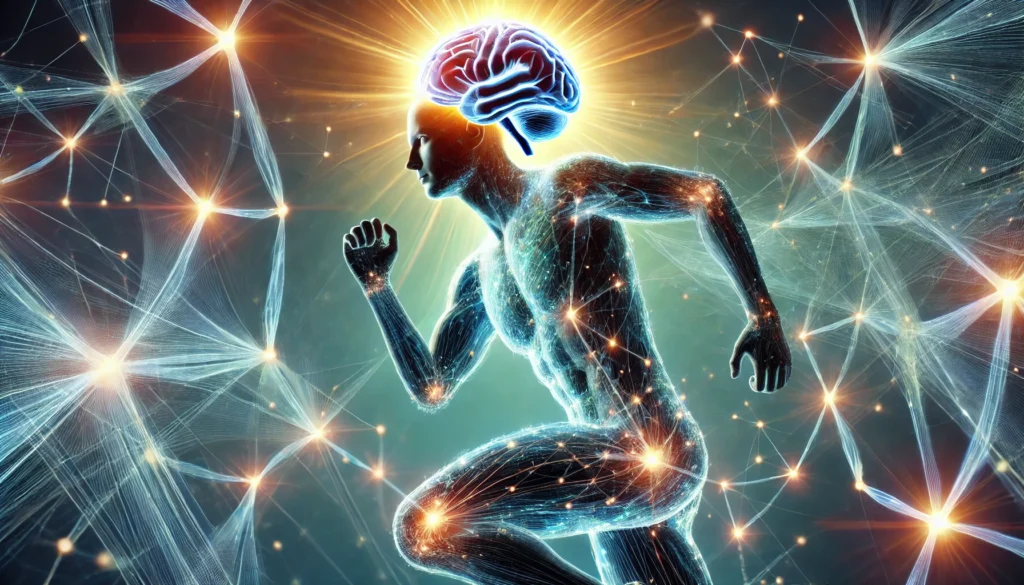 A conceptual visualization of a person engaging in physical exercise, such as running or yoga, with glowing neural pathways connecting to their brain. The energy radiates from their body, symbolizing the link between physical activity and enhanced brain function.
