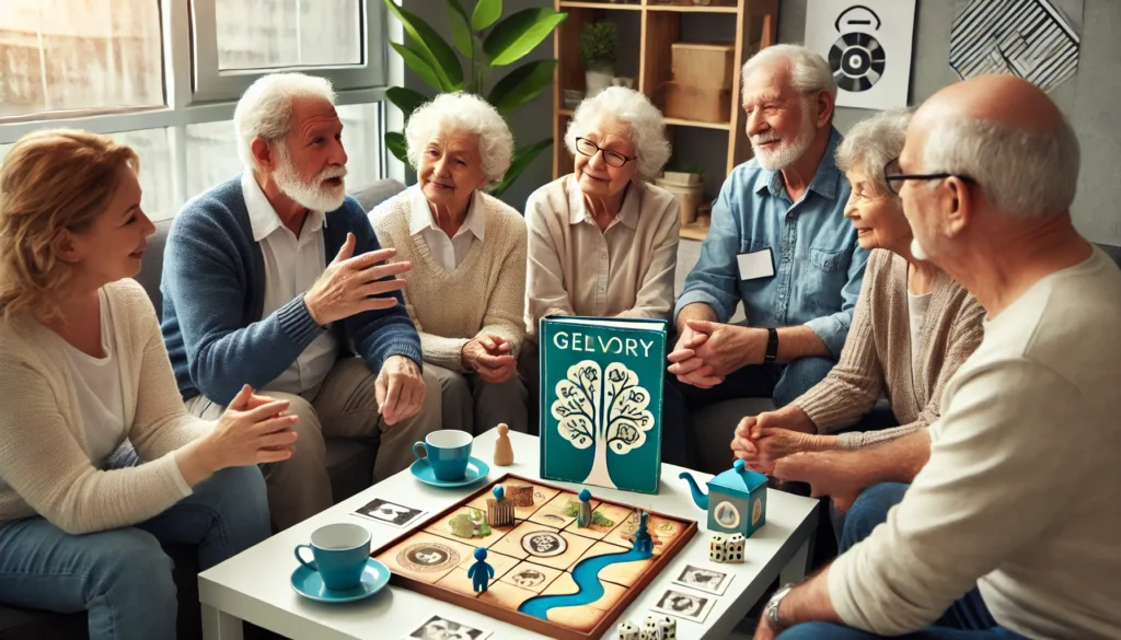 A group of elderly individuals engaging in a memory-enhancing group activity, such as storytelling or a board game. The lively atmosphere emphasizes social interaction as a key strategy for supporting cognitive impairment.