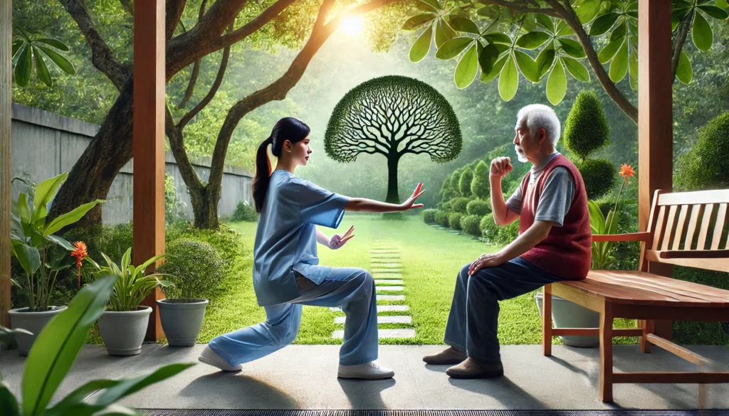 A serene outdoor setting where an elderly person practices gentle physical exercise, such as tai chi, guided by a caregiver. The lush greenery represents physical activity as a strategy for cognitive well-being.