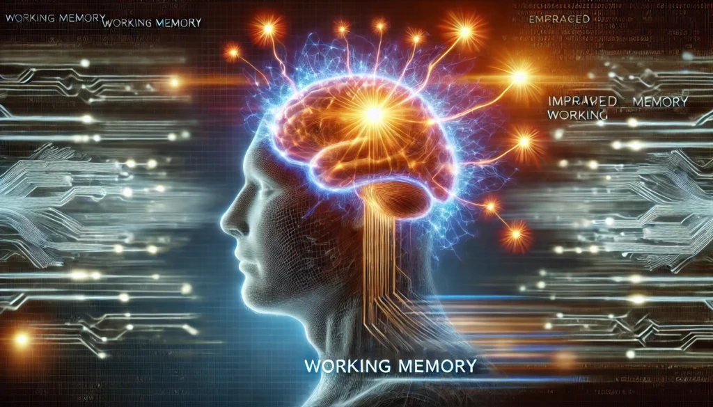 A conceptual image of a person’s brain forming glowing memory connections, representing improved working memory. The neural pathways expand dynamically, symbolizing enhanced cognitive functions and recall ability.