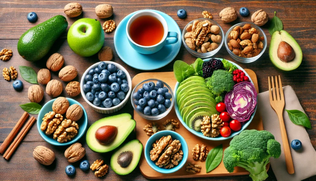 A nutritious meal with brain-boosting foods like blueberries, walnuts, avocado, and green tea, arranged beautifully on a wooden table. The vibrant colors and fresh ingredients symbolize natural ways to support brain cell growth.