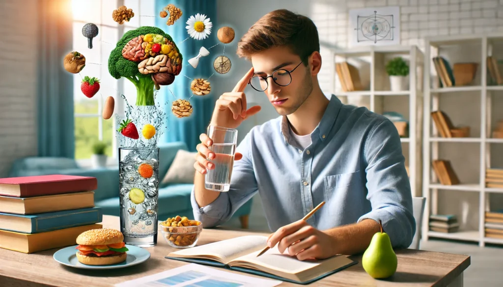 A student staying hydrated and eating brain-boosting foods while studying, symbolizing how proper nutrition enhances focus and mental clarity in a bright, refreshing study space.