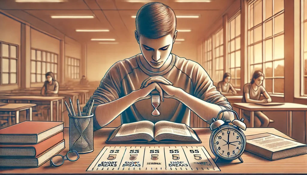 A student practicing the Pomodoro Technique for better focus, using a timer to balance study and short breaks. The scene subtly represents time management for improved concentration.
