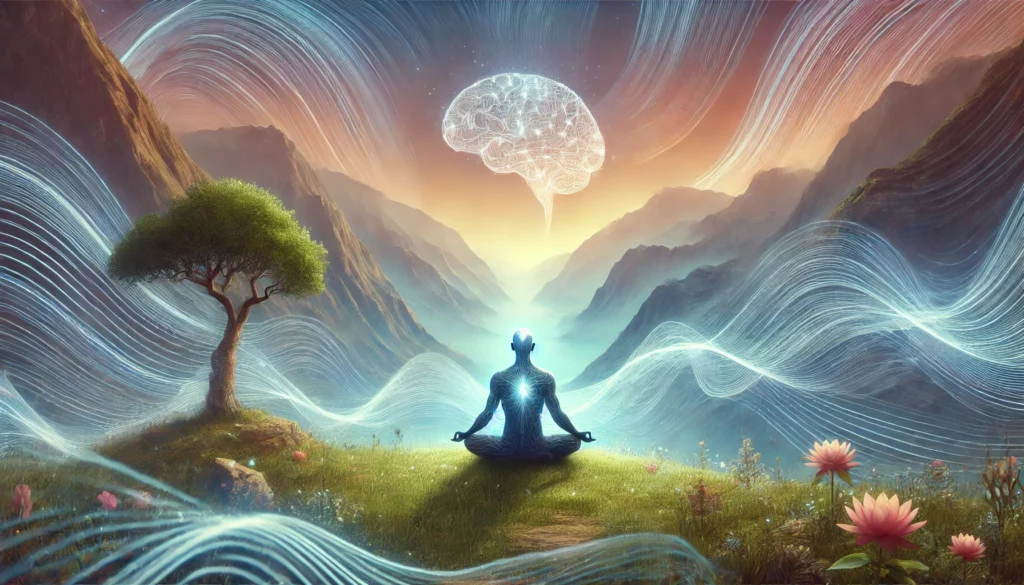A serene outdoor yoga and meditation session with a person sitting in a peaceful landscape, surrounded by flowing energy waves. The calming environment represents the benefits of mindfulness for brain health and mental clarity.