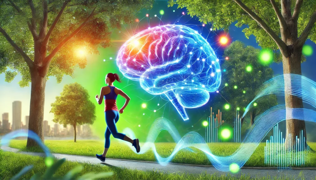 A vibrant scene of a person jogging in a park, surrounded by glowing energy waves, symbolizing the benefits of regular physical exercise for brain health. The fresh air and green environment represent improved cognitive function and mental well-being.