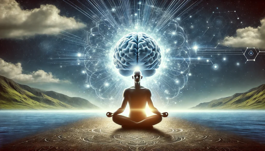 A conceptual image of a person meditating with a radiant aura surrounding their brain, symbolizing mindfulness as a technique for cognitive enhancement. The peaceful setting represents clarity, focus, and mental expansion.